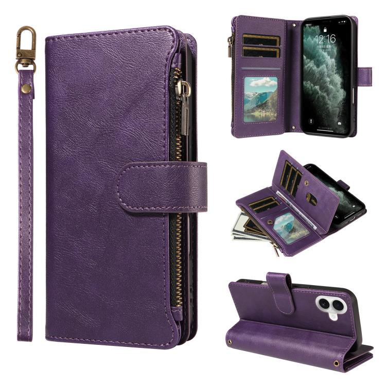 P03 Custodia per telefono in similpelle di vitello con 9 scomparti per carte, chiusura a cerniera e cinturino da polso, For iPhone 16, For iPhone 15 Pro Max, For iPhone 15 Pro, For iPhone 15 Plus