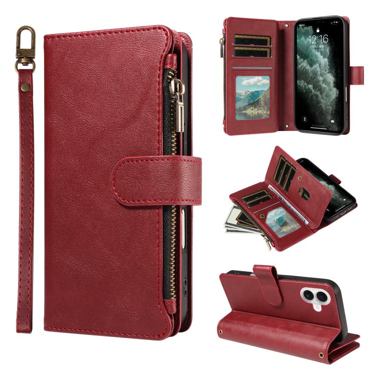 P03 Custodia per telefono in similpelle di vitello con 9 scomparti per carte, chiusura a cerniera e cinturino da polso, For iPhone 18 Pro / 17 Pro, For iPhone 18 Pro Max / 17 Pro Max, For iPhone 16e / 17e, For iPhone 17