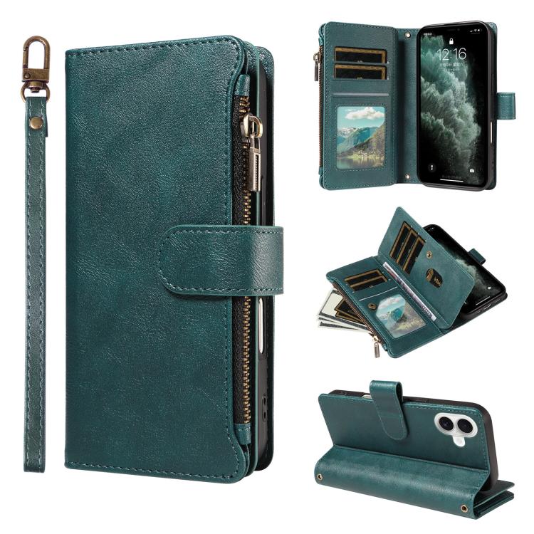 P03 Custodia per telefono in similpelle di vitello con 9 scomparti per carte, chiusura a cerniera e cinturino da polso, For iPhone 18 Pro / 17 Pro, For iPhone 18 Pro Max / 17 Pro Max, For iPhone 16e / 17e, For iPhone 17