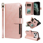 P03 Custodia per telefono in similpelle di vitello con 9 scomparti per carte, chiusura a cerniera e cinturino da polso, For iPhone 18 Pro / 17 Pro, For iPhone 18 Pro Max / 17 Pro Max, For iPhone 16e / 17e, For iPhone 17