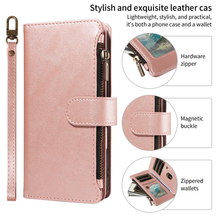 P03 Custodia per telefono in similpelle di vitello con 9 scomparti per carte, chiusura a cerniera e cinturino da polso, For iPhone 18 Pro / 17 Pro, For iPhone 18 Pro Max / 17 Pro Max, For iPhone 16e / 17e, For iPhone 17