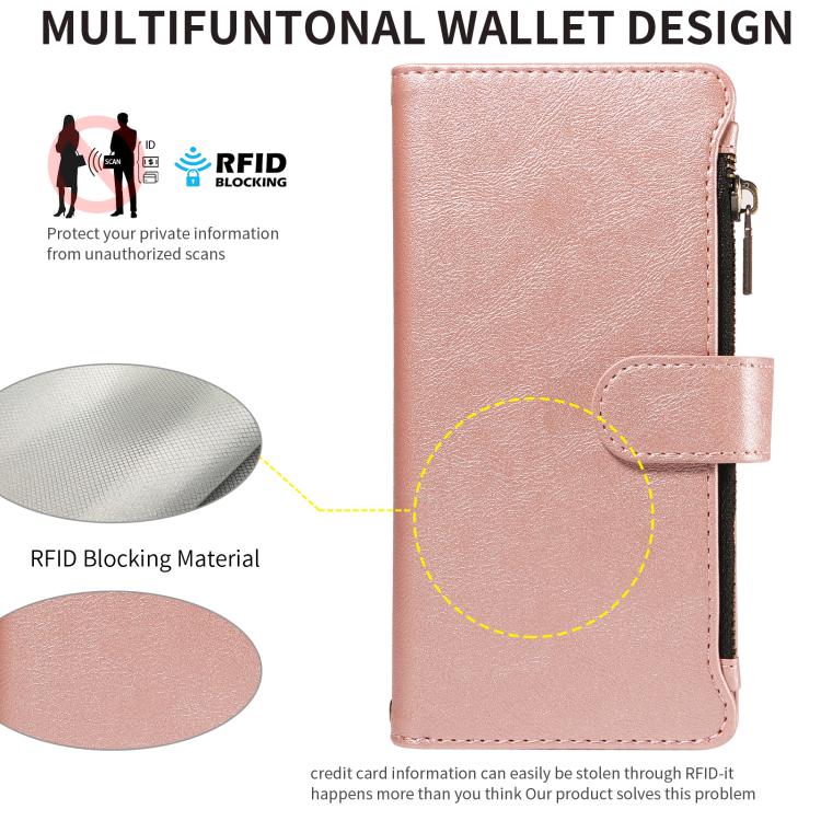 P03 Custodia per telefono in similpelle di vitello con 9 scomparti per carte, chiusura a cerniera e cinturino da polso, For iPhone 18 Pro / 17 Pro, For iPhone 18 Pro Max / 17 Pro Max, For iPhone 16e / 17e, For iPhone 17