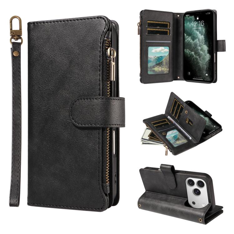 P03 Custodia per telefono in similpelle di vitello con 9 scomparti per carte, chiusura a cerniera e cinturino da polso, For iPhone 18 Pro / 17 Pro, For iPhone 18 Pro Max / 17 Pro Max, For iPhone 16e / 17e, For iPhone 17