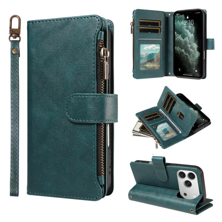 P03 Custodia per telefono in similpelle di vitello con 9 scomparti per carte, chiusura a cerniera e cinturino da polso, For iPhone 18 Pro / 17 Pro, For iPhone 18 Pro Max / 17 Pro Max, For iPhone 16e / 17e, For iPhone 17