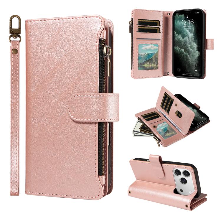 P03 Custodia per telefono in similpelle di vitello con 9 scomparti per carte, chiusura a cerniera e cinturino da polso, For iPhone 18 Pro / 17 Pro, For iPhone 18 Pro Max / 17 Pro Max, For iPhone 16e / 17e, For iPhone 17