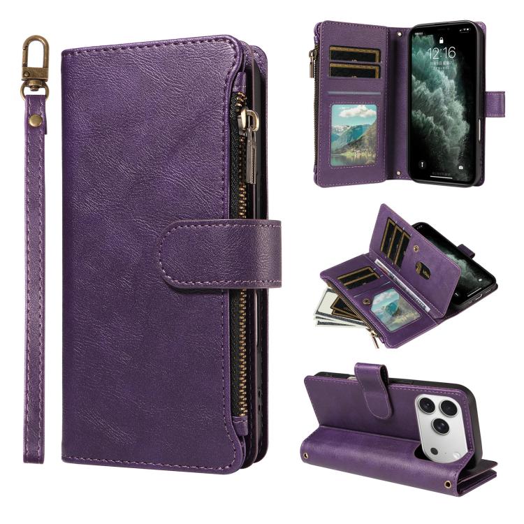 P03 Custodia per telefono in similpelle di vitello con 9 scomparti per carte, chiusura a cerniera e cinturino da polso, For iPhone 18 Pro / 17 Pro, For iPhone 18 Pro Max / 17 Pro Max, For iPhone 16e / 17e, For iPhone 17