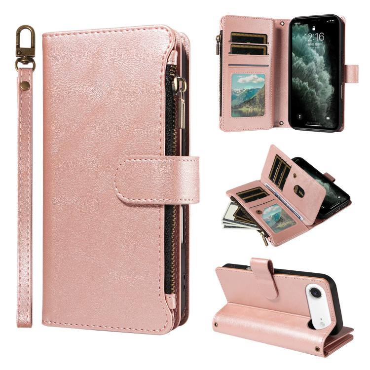P03 Custodia per telefono in similpelle di vitello con 9 scomparti per carte, chiusura a cerniera e cinturino da polso, For iPhone Air, For iPhone 16 Pro Max, For iPhone 16 Pro, For iPhone 16 Plus