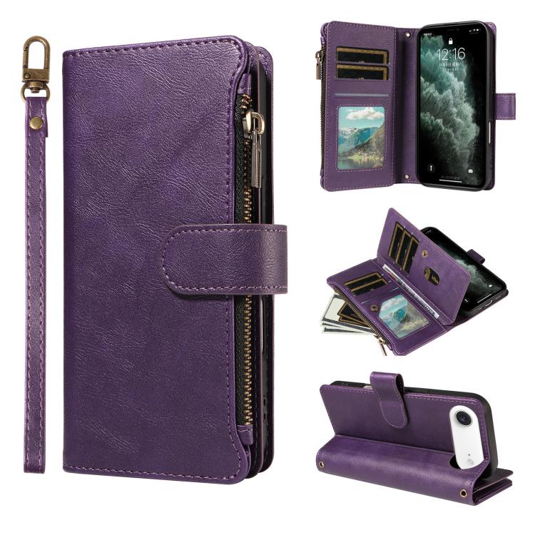 P03 Custodia per telefono in similpelle di vitello con 9 scomparti per carte, chiusura a cerniera e cinturino da polso, For iPhone Air, For iPhone 16 Pro Max, For iPhone 16 Pro, For iPhone 16 Plus