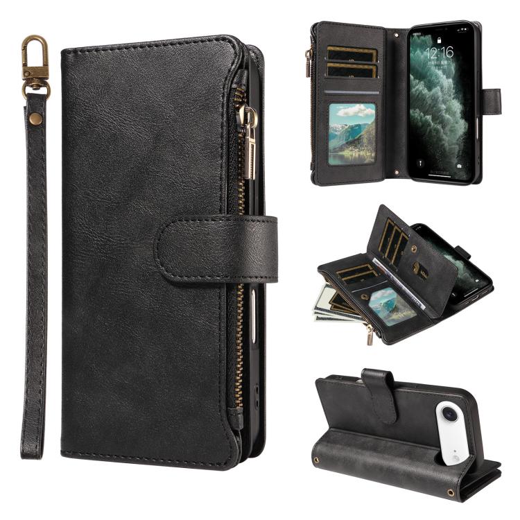 P03 Custodia per telefono in similpelle di vitello con 9 scomparti per carte, chiusura a cerniera e cinturino da polso, For iPhone Air, For iPhone 16 Pro Max, For iPhone 16 Pro, For iPhone 16 Plus