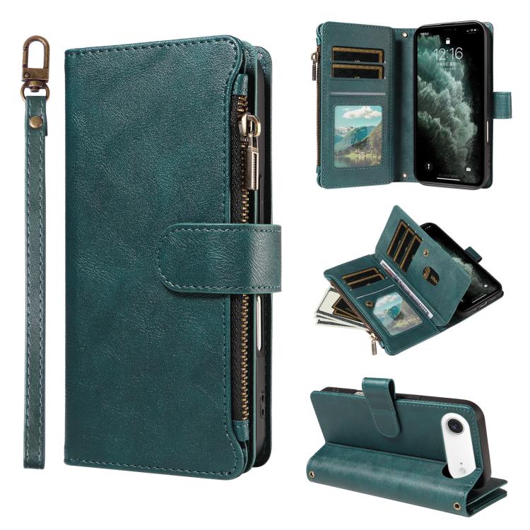 P03 Custodia per telefono in similpelle di vitello con 9 scomparti per carte, chiusura a cerniera e cinturino da polso, For iPhone Air, For iPhone 16 Pro Max, For iPhone 16 Pro, For iPhone 16 Plus