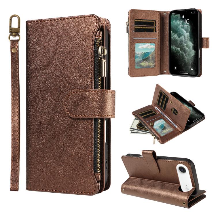 P03 Custodia per telefono in similpelle di vitello con 9 scomparti per carte, chiusura a cerniera e cinturino da polso, For iPhone Air, For iPhone 16 Pro Max, For iPhone 16 Pro, For iPhone 16 Plus