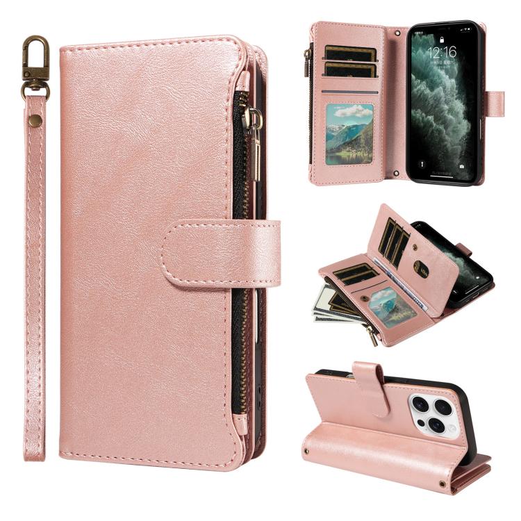 P03 Custodia per telefono in similpelle di vitello con 9 scomparti per carte, chiusura a cerniera e cinturino da polso, For iPhone Air, For iPhone 16 Pro Max, For iPhone 16 Pro, For iPhone 16 Plus