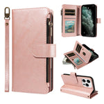 P03 Custodia per telefono in similpelle di vitello con 9 scomparti per carte, chiusura a cerniera e cinturino da polso, For iPhone Air, For iPhone 16 Pro Max, For iPhone 16 Pro, For iPhone 16 Plus
