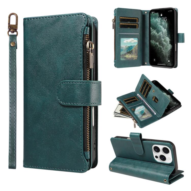 P03 Custodia per telefono in similpelle di vitello con 9 scomparti per carte, chiusura a cerniera e cinturino da polso, For iPhone Air, For iPhone 16 Pro Max, For iPhone 16 Pro, For iPhone 16 Plus