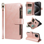 P03 Custodia per telefono in similpelle di vitello con 9 scomparti per carte, chiusura a cerniera e cinturino da polso, For iPhone 16, For iPhone 15 Pro Max, For iPhone 15 Pro, For iPhone 15 Plus