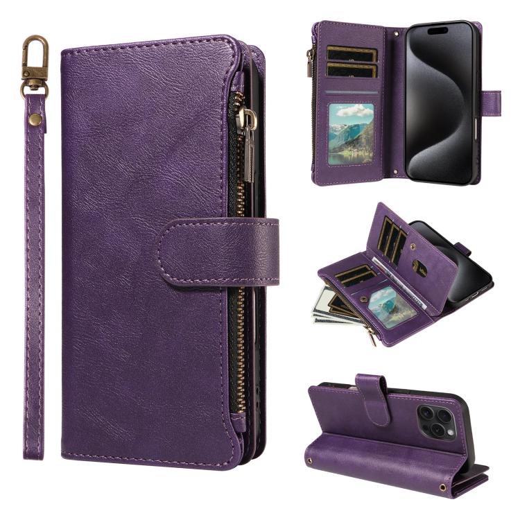 P03 Custodia per telefono in similpelle di vitello con 9 scomparti per carte, chiusura a cerniera e cinturino da polso, For iPhone 16, For iPhone 15 Pro Max, For iPhone 15 Pro, For iPhone 15 Plus