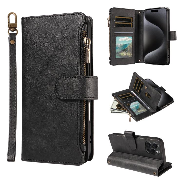P03 Custodia per telefono in similpelle di vitello con 9 scomparti per carte, chiusura a cerniera e cinturino da polso, For iPhone 16, For iPhone 15 Pro Max, For iPhone 15 Pro, For iPhone 15 Plus