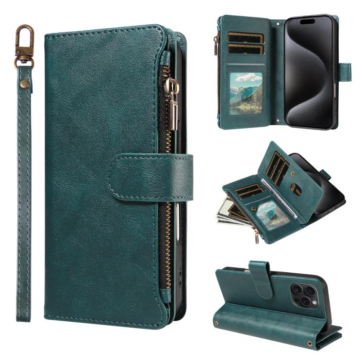 P03 Custodia per telefono in similpelle di vitello con 9 scomparti per carte, chiusura a cerniera e cinturino da polso, For iPhone 16, For iPhone 15 Pro Max, For iPhone 15 Pro, For iPhone 15 Plus