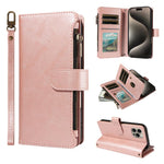 P03 Custodia per telefono in similpelle di vitello con 9 scomparti per carte, chiusura a cerniera e cinturino da polso, For iPhone 16, For iPhone 15 Pro Max, For iPhone 15 Pro, For iPhone 15 Plus