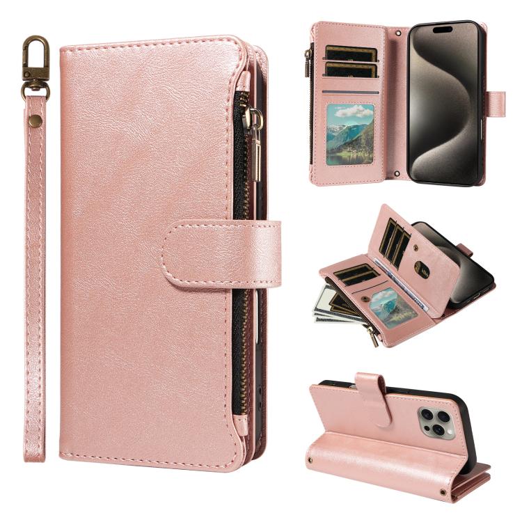 P03 Custodia per telefono in similpelle di vitello con 9 scomparti per carte, chiusura a cerniera e cinturino da polso, For iPhone 16, For iPhone 15 Pro Max, For iPhone 15 Pro, For iPhone 15 Plus