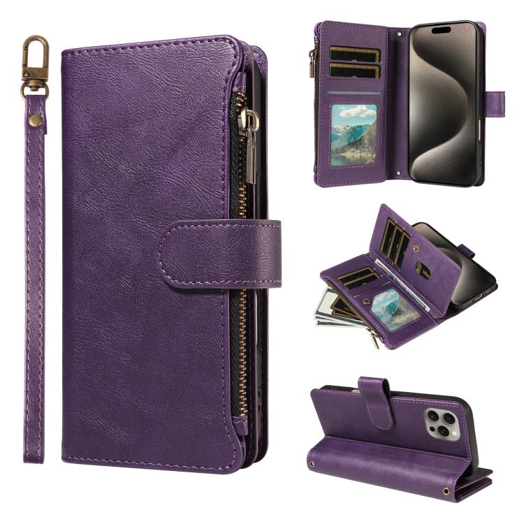 P03 Custodia per telefono in similpelle di vitello con 9 scomparti per carte, chiusura a cerniera e cinturino da polso, For iPhone 16, For iPhone 15 Pro Max, For iPhone 15 Pro, For iPhone 15 Plus
