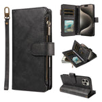 P03 Custodia per telefono in similpelle di vitello con 9 scomparti per carte, chiusura a cerniera e cinturino da polso, For iPhone 16, For iPhone 15 Pro Max, For iPhone 15 Pro, For iPhone 15 Plus