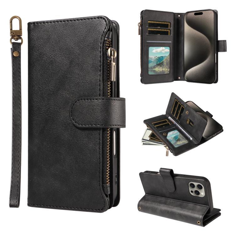 P03 Custodia per telefono in similpelle di vitello con 9 scomparti per carte, chiusura a cerniera e cinturino da polso, For iPhone 16, For iPhone 15 Pro Max, For iPhone 15 Pro, For iPhone 15 Plus