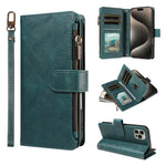 P03 Custodia per telefono in similpelle di vitello con 9 scomparti per carte, chiusura a cerniera e cinturino da polso, For iPhone 16, For iPhone 15 Pro Max, For iPhone 15 Pro, For iPhone 15 Plus