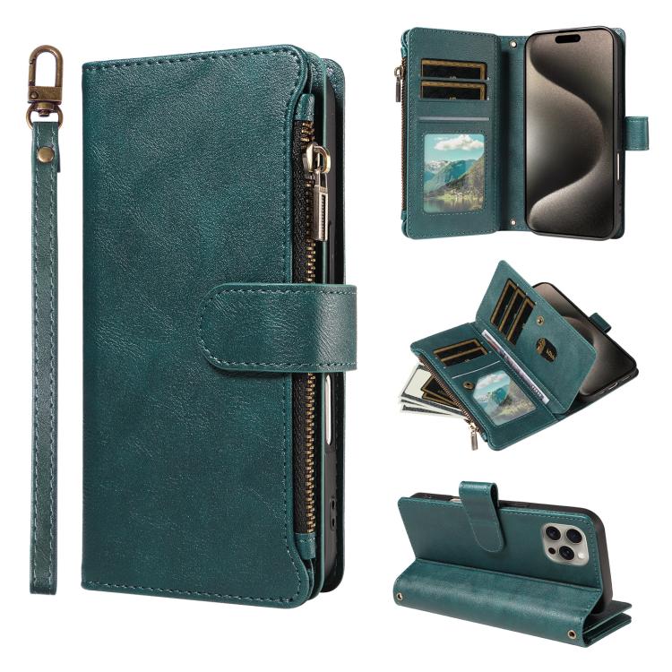 P03 Custodia per telefono in similpelle di vitello con 9 scomparti per carte, chiusura a cerniera e cinturino da polso, For iPhone 16, For iPhone 15 Pro Max, For iPhone 15 Pro, For iPhone 15 Plus