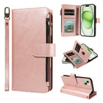 P03 Custodia per telefono in similpelle di vitello con 9 scomparti per carte, chiusura a cerniera e cinturino da polso, For iPhone 16, For iPhone 15 Pro Max, For iPhone 15 Pro, For iPhone 15 Plus