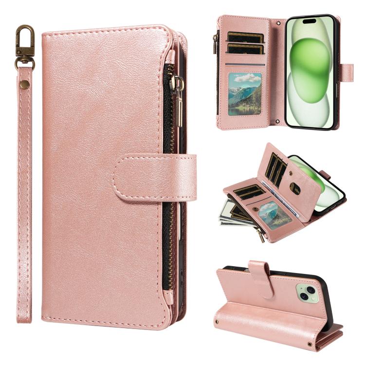 P03 Custodia per telefono in similpelle di vitello con 9 scomparti per carte, chiusura a cerniera e cinturino da polso, For iPhone 16, For iPhone 15 Pro Max, For iPhone 15 Pro, For iPhone 15 Plus