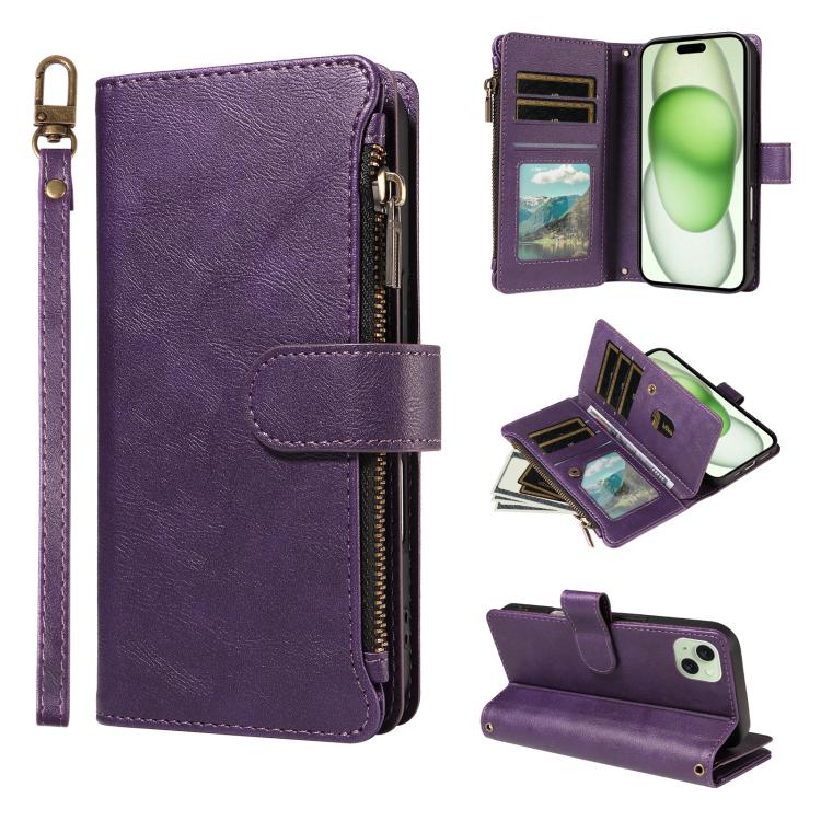 P03 Custodia per telefono in similpelle di vitello con 9 scomparti per carte, chiusura a cerniera e cinturino da polso, For iPhone 16, For iPhone 15 Pro Max, For iPhone 15 Pro, For iPhone 15 Plus