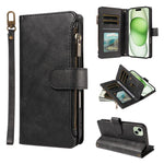 P03 Custodia per telefono in similpelle di vitello con 9 scomparti per carte, chiusura a cerniera e cinturino da polso, For iPhone 16, For iPhone 15 Pro Max, For iPhone 15 Pro, For iPhone 15 Plus