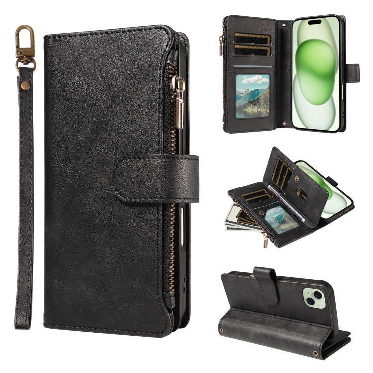 P03 Custodia per telefono in similpelle di vitello con 9 scomparti per carte, chiusura a cerniera e cinturino da polso, For iPhone 16, For iPhone 15 Pro Max, For iPhone 15 Pro, For iPhone 15 Plus