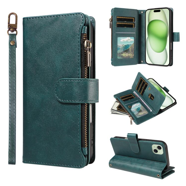 P03 Custodia per telefono in similpelle di vitello con 9 scomparti per carte, chiusura a cerniera e cinturino da polso, For iPhone 16, For iPhone 15 Pro Max, For iPhone 15 Pro, For iPhone 15 Plus