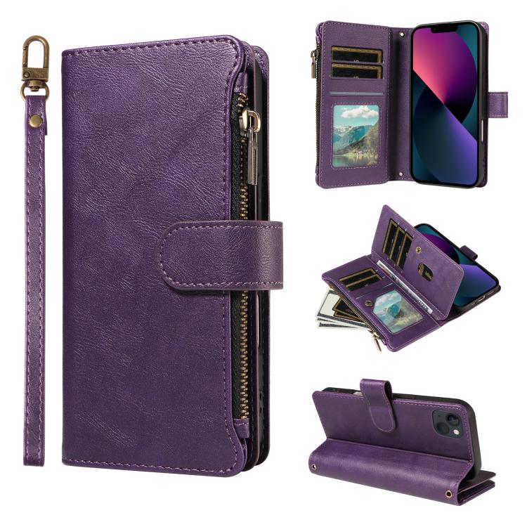 P03 Custodia per telefono in similpelle di vitello con 9 scomparti per carte, chiusura a cerniera e cinturino da polso, For iPhone 18 Pro / 17 Pro, For iPhone 18 Pro Max / 17 Pro Max, For iPhone 16e / 17e, For iPhone 17
