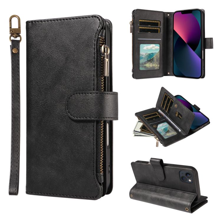 P03 Custodia per telefono in similpelle di vitello con 9 scomparti per carte, chiusura a cerniera e cinturino da polso, For iPhone 18 Pro / 17 Pro, For iPhone 18 Pro Max / 17 Pro Max, For iPhone 16e / 17e, For iPhone 17