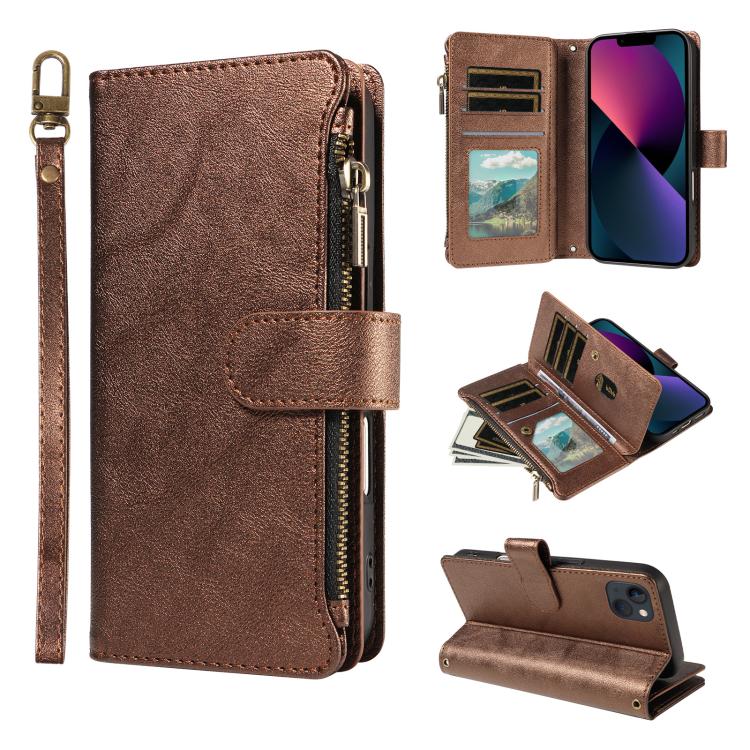 P03 Custodia per telefono in similpelle di vitello con 9 scomparti per carte, chiusura a cerniera e cinturino da polso, For iPhone 18 Pro / 17 Pro, For iPhone 18 Pro Max / 17 Pro Max, For iPhone 16e / 17e, For iPhone 17