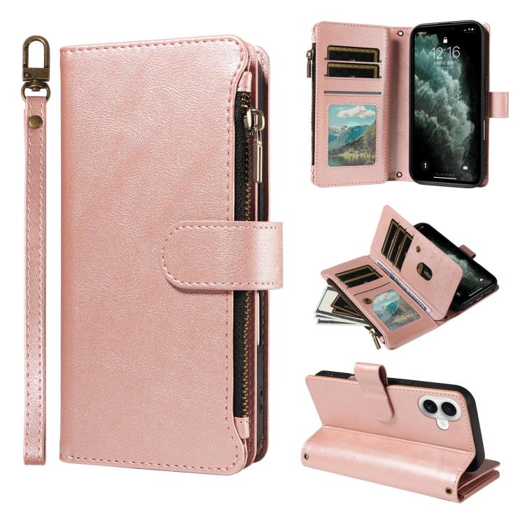 P03 Custodia per telefono in similpelle di vitello con 9 scomparti per carte, chiusura a cerniera e cinturino da polso, For iPhone Air, For iPhone 16 Pro Max, For iPhone 16 Pro, For iPhone 16 Plus