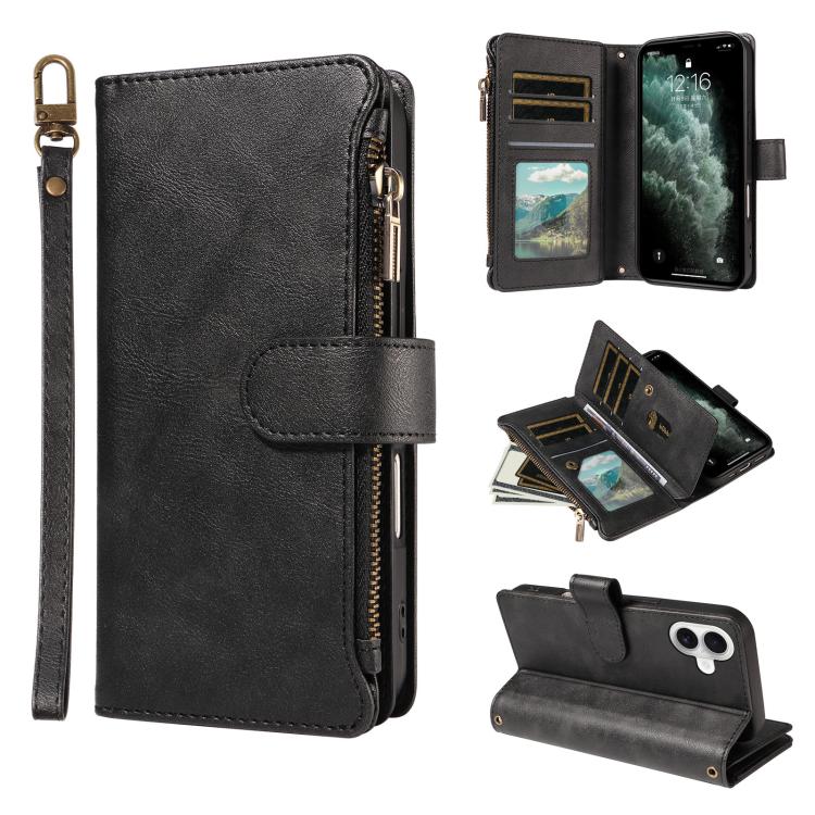 P03 Custodia per telefono in similpelle di vitello con 9 scomparti per carte, chiusura a cerniera e cinturino da polso, For iPhone Air, For iPhone 16 Pro Max, For iPhone 16 Pro, For iPhone 16 Plus