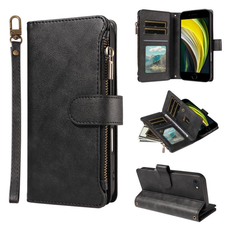 P03 Custodia per telefono in similpelle di vitello con 9 scomparti per carte, chiusura a cerniera e cinturino da polso, For iPhone 14 Pro Max, For iphone 6 / 7 / 8 / SE2 2020 / SE3 2022, For iPhone 13 Pro Max, For iPhone 13 Pro