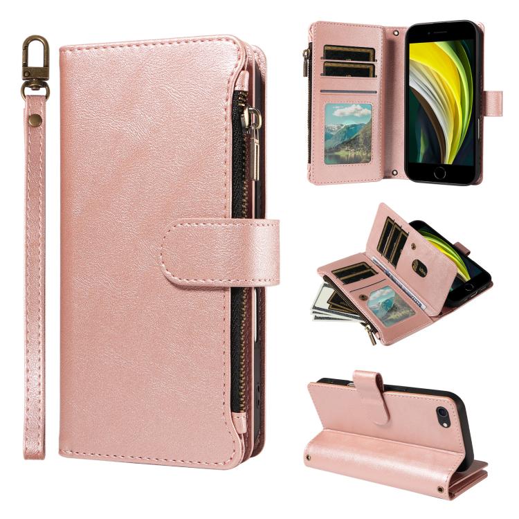 P03 Custodia per telefono in similpelle di vitello con 9 scomparti per carte, chiusura a cerniera e cinturino da polso, For iPhone XR, For iPhone XS Max, For iPhone 6 Plus / 7 Plus / 8 Plus