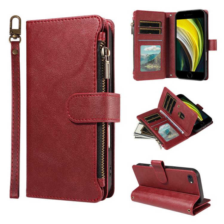 P03 Custodia per telefono in similpelle di vitello con 9 scomparti per carte, chiusura a cerniera e cinturino da polso, For iPhone XR, For iPhone XS Max, For iPhone 6 Plus / 7 Plus / 8 Plus
