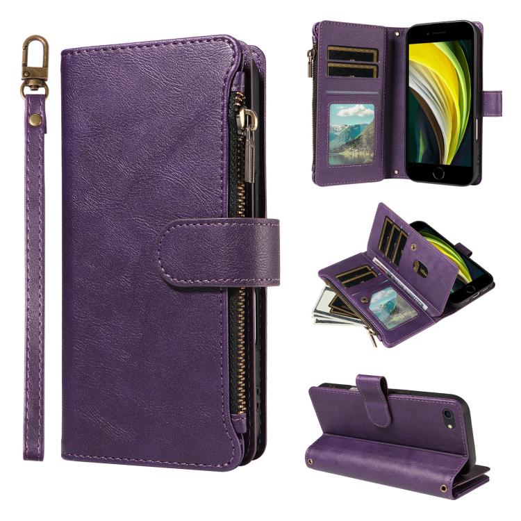 P03 Custodia per telefono in similpelle di vitello con 9 scomparti per carte, chiusura a cerniera e cinturino da polso, For iPhone XR, For iPhone XS Max, For iPhone 6 Plus / 7 Plus / 8 Plus