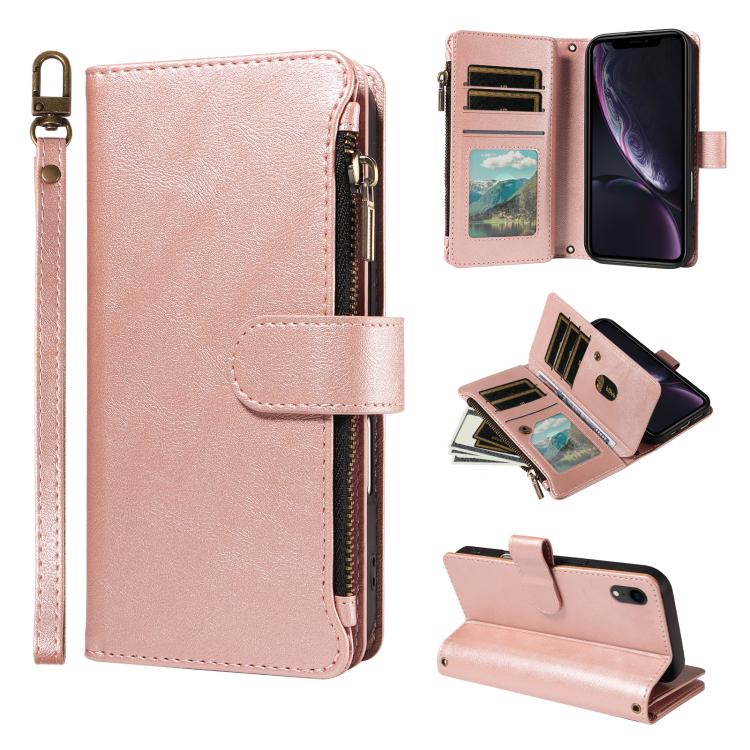 P03 Custodia per telefono in similpelle di vitello con 9 scomparti per carte, chiusura a cerniera e cinturino da polso, For iPhone XR, For iPhone XS Max, For iPhone 6 Plus / 7 Plus / 8 Plus
