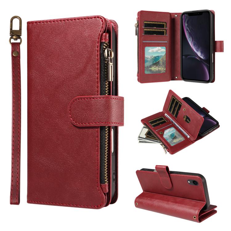 P03 Custodia per telefono in similpelle di vitello con 9 scomparti per carte, chiusura a cerniera e cinturino da polso, For iPhone XR, For iPhone XS Max, For iPhone 6 Plus / 7 Plus / 8 Plus