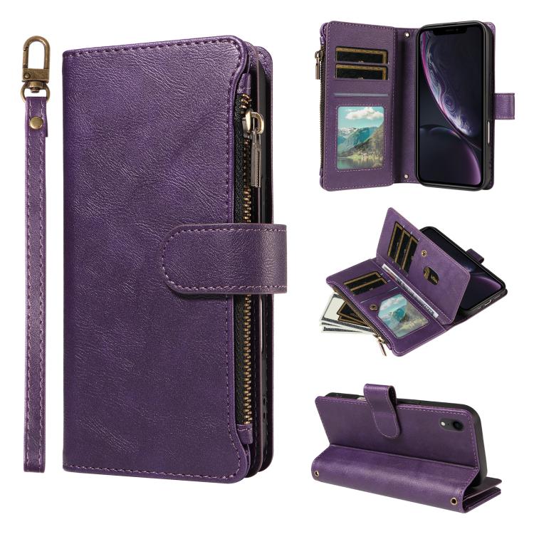 P03 Custodia per telefono in similpelle di vitello con 9 scomparti per carte, chiusura a cerniera e cinturino da polso, For iPhone XR, For iPhone XS Max, For iPhone 6 Plus / 7 Plus / 8 Plus