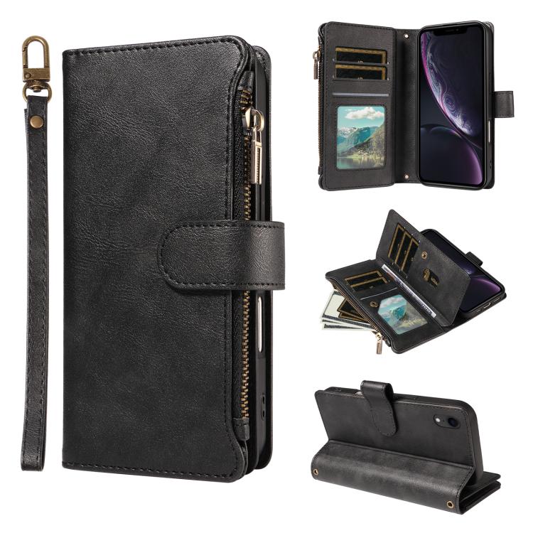 P03 Custodia per telefono in similpelle di vitello con 9 scomparti per carte, chiusura a cerniera e cinturino da polso, For iPhone XR, For iPhone XS Max, For iPhone 6 Plus / 7 Plus / 8 Plus