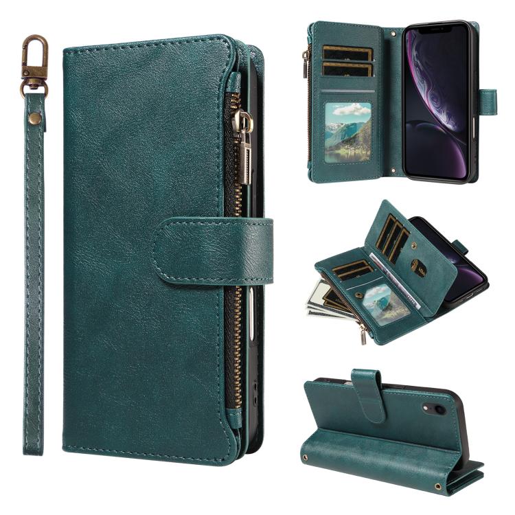 P03 Custodia per telefono in similpelle di vitello con 9 scomparti per carte, chiusura a cerniera e cinturino da polso, For iPhone XR, For iPhone XS Max, For iPhone 6 Plus / 7 Plus / 8 Plus