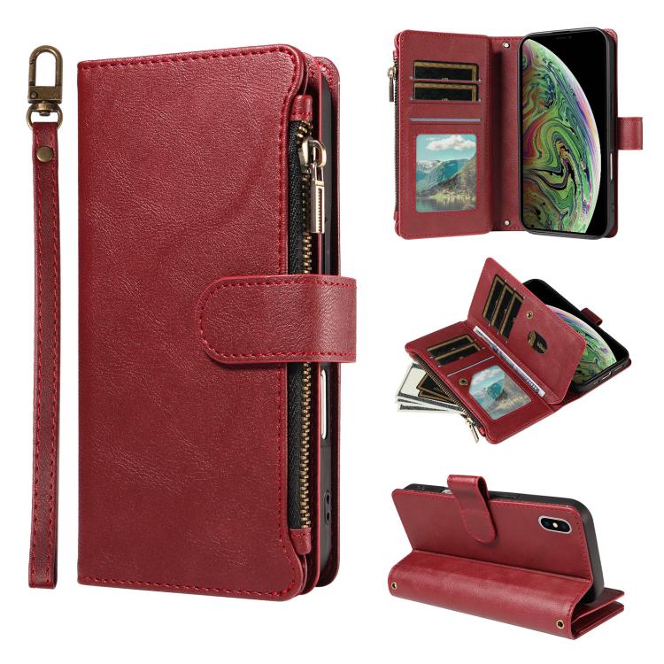 P03 Custodia per telefono in similpelle di vitello con 9 scomparti per carte, chiusura a cerniera e cinturino da polso, For iPhone XR, For iPhone XS Max, For iPhone 6 Plus / 7 Plus / 8 Plus